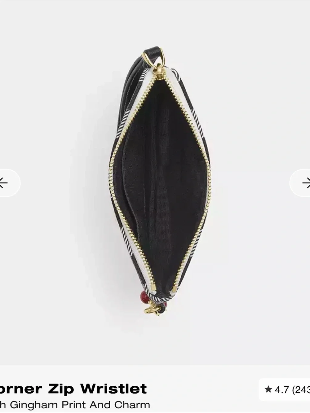 Coach Black & White Gingham Zip Wristlet with Cherry Charm